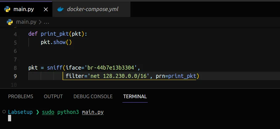 Captura de pacotes bem-sucedida em uma sub-rede específica